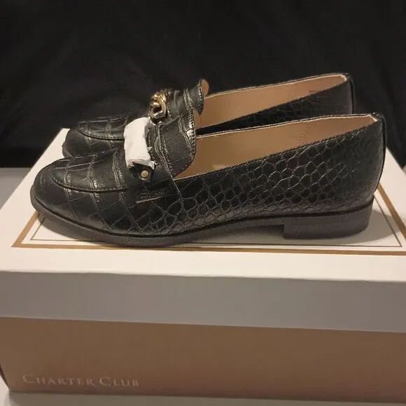 💯🔥CHARTER CLUB Womens Black Crocodile Chain Comfort Kattelle Round Toe Block H
