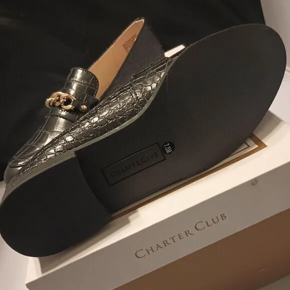 💯🔥CHARTER CLUB Womens Black Crocodile Chain Comfort Kattelle Round Toe Block H