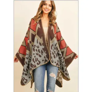 Chevron Leopard Print Sweater Open Front  Poncho