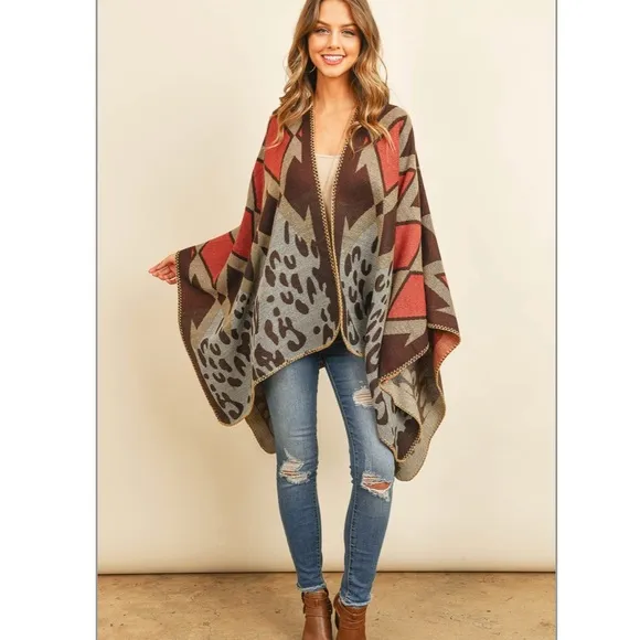 Chevron Leopard Print Sweater Open Front  Poncho
