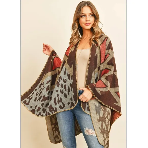 Chevron Leopard Print Sweater Open Front  Poncho