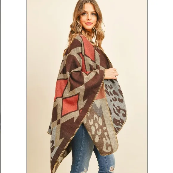 Chevron Leopard Print Sweater Open Front  Poncho