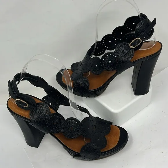 Chie Mihara 39.5 US 9.5 Laser Cut Black Leather Block Heel Sandals Heels Shoes