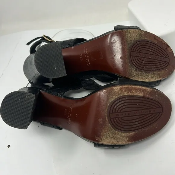 Chie Mihara 39.5 US 9.5 Laser Cut Black Leather Block Heel Sandals Heels Shoes