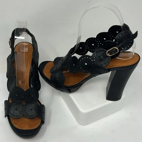 Chie Mihara 39.5 US 9.5 Laser Cut Black Leather Block Heel Sandals Heels Shoes