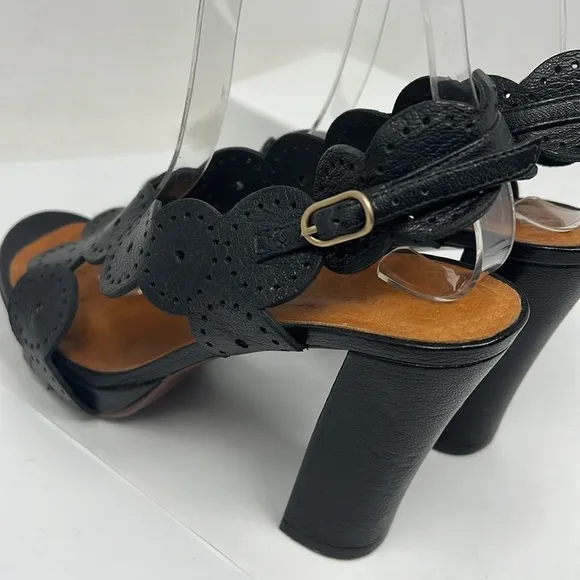 Chie Mihara 39.5 US 9.5 Laser Cut Black Leather Block Heel Sandals Heels Shoes