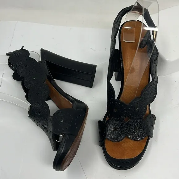 Chie Mihara 39.5 US 9.5 Laser Cut Black Leather Block Heel Sandals Heels Shoes