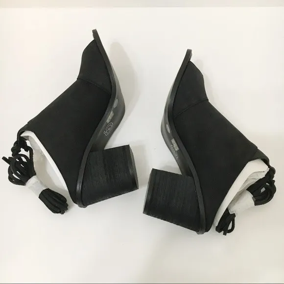 Chinese Laundry Womens Black Leather Ankle Wrap Peep Toe Mules Shoes Heels 6