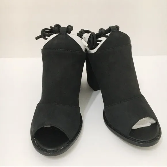 Chinese Laundry Womens Black Leather Ankle Wrap Peep Toe Mules Shoes Heels 6