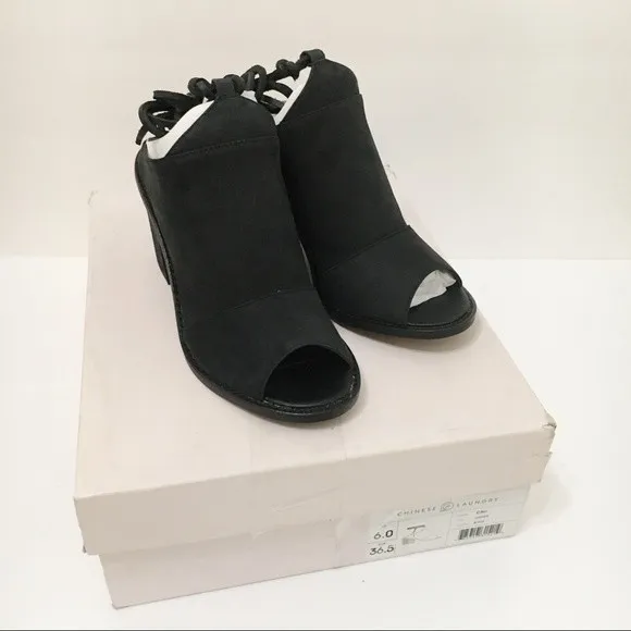 Chinese Laundry Womens Black Leather Ankle Wrap Peep Toe Mules Shoes Heels 6