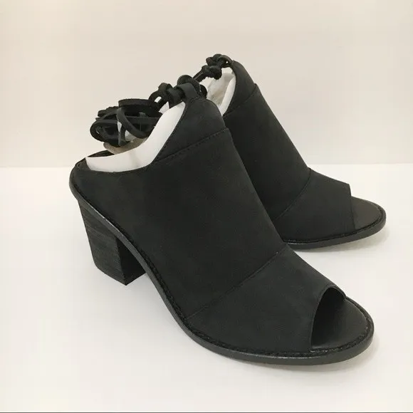 Chinese Laundry Womens Black Leather Ankle Wrap Peep Toe Mules Shoes Heels 6