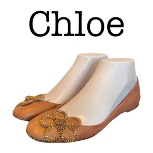 Chloe Chain Flower Tan Leather Flats Size 37