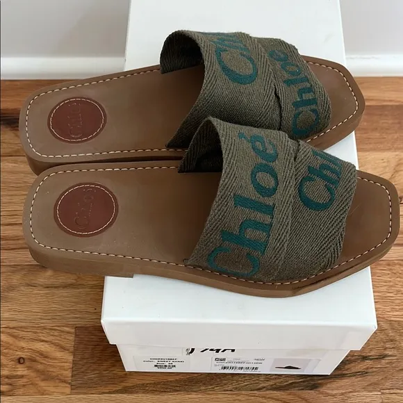 Chloe sweet khaki woody linen Slide Sandals 36 6 (olive and green)