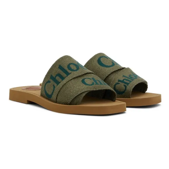 Chloe sweet khaki woody linen Slide Sandals 36 6 (olive and green)