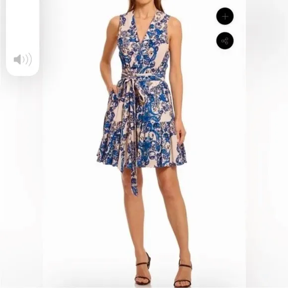 Christian Lacroix Blue Paisley Linen Wrap Dress Medium