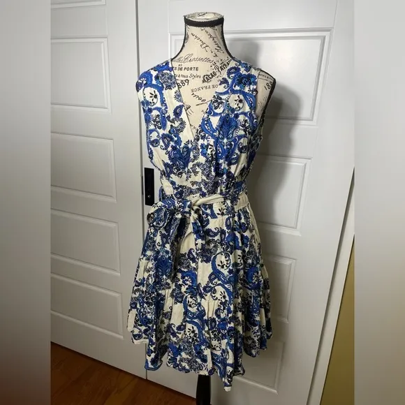 Christian Lacroix Blue Paisley Linen Wrap Dress Medium