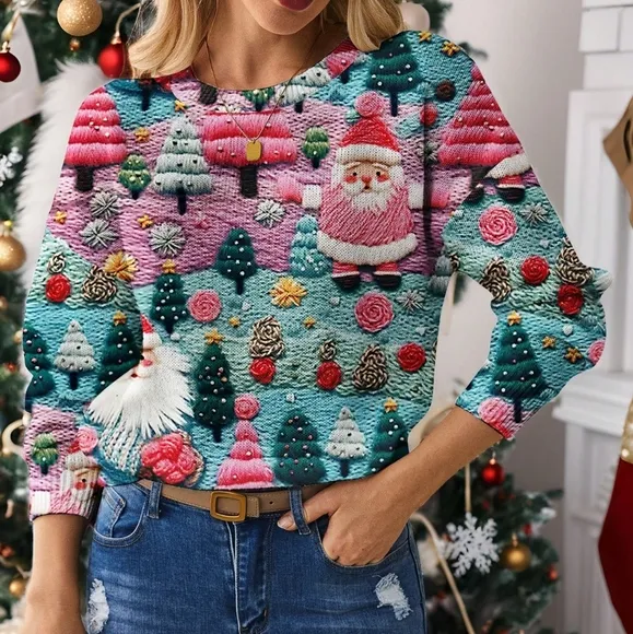 Christmas Ugly Sweater, Santa Claus &amp; Christmas Tree Print,