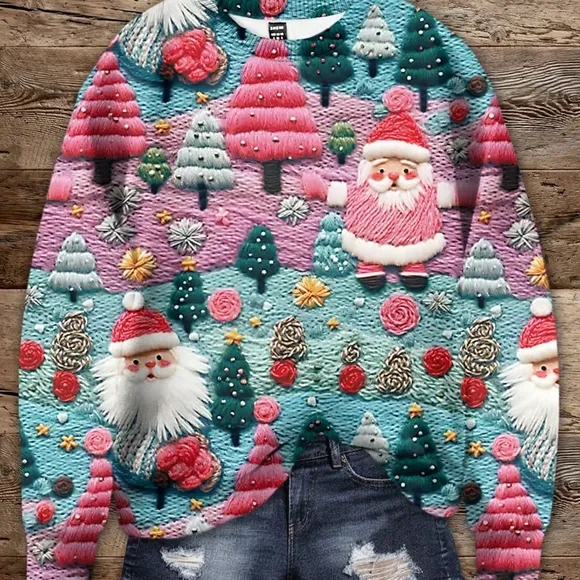 Christmas Ugly Sweater, Santa Claus &amp; Christmas Tree Print,
