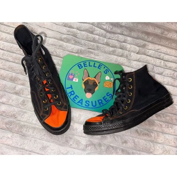 Chuck Taylor Converse Black Orange Tongue Black Sole Mens 11.5 Women's 13.5 Goth