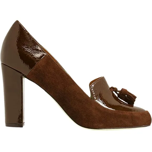 Chunky Block High Heel Fringed Pumps Round Toe Slip On Loafers Tassel Suede