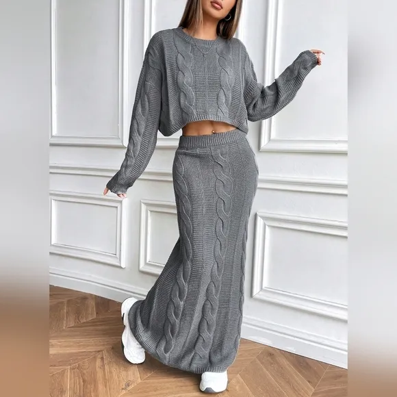 Chunky Cable Knit Crewneck Loose Crop Top Sweater   Long Skirt Co-ord Set