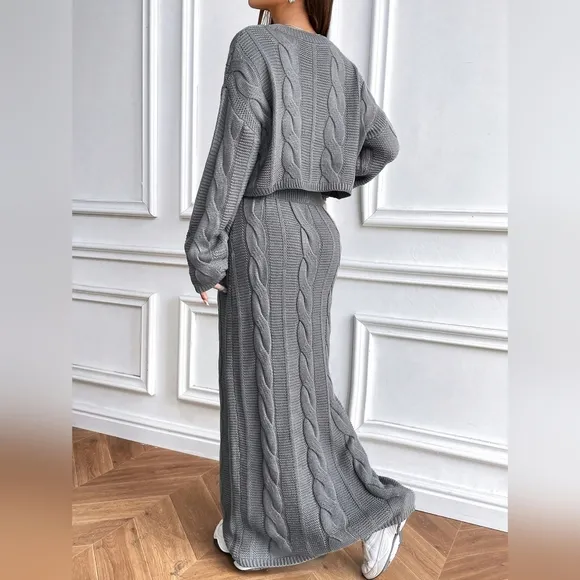 Chunky Cable Knit Crewneck Loose Crop Top Sweater   Long Skirt Co-ord Set