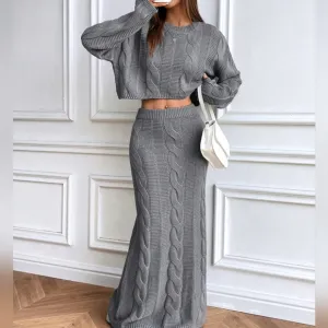 Chunky Cable Knit Crewneck Loose Crop Top Sweater   Long Skirt Co-ord Set