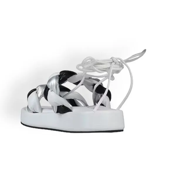 Chunky Metallic Braided Open Toe Lace Up Ankle Wrap Sandals - NEW