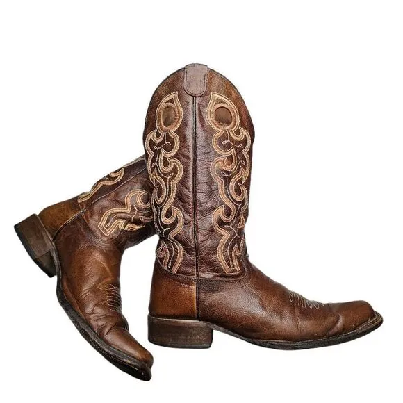Circle G Womens Cutout Embroidery Cognac Brown Square Toe Boots  Made in Mexico