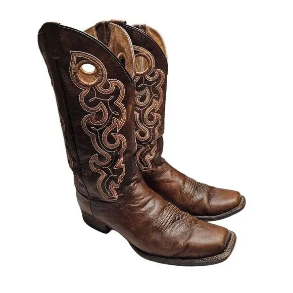 Circle G Womens Cutout Embroidery Cognac Brown Square Toe Boots  Made in Mexico