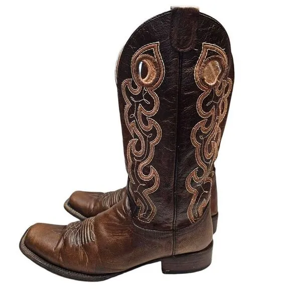 Circle G Womens Cutout Embroidery Cognac Brown Square Toe Boots  Made in Mexico