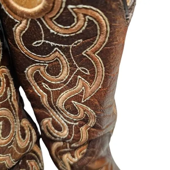 Circle G Womens Cutout Embroidery Cognac Brown Square Toe Boots  Made in Mexico