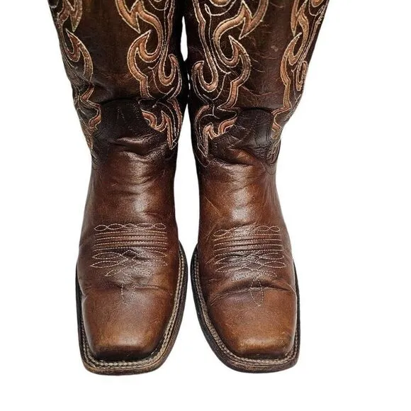 Circle G Womens Cutout Embroidery Cognac Brown Square Toe Boots  Made in Mexico