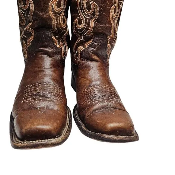 Circle G Womens Cutout Embroidery Cognac Brown Square Toe Boots  Made in Mexico