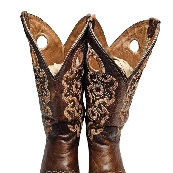 Circle G Womens Cutout Embroidery Cognac Brown Square Toe Boots  Made in Mexico