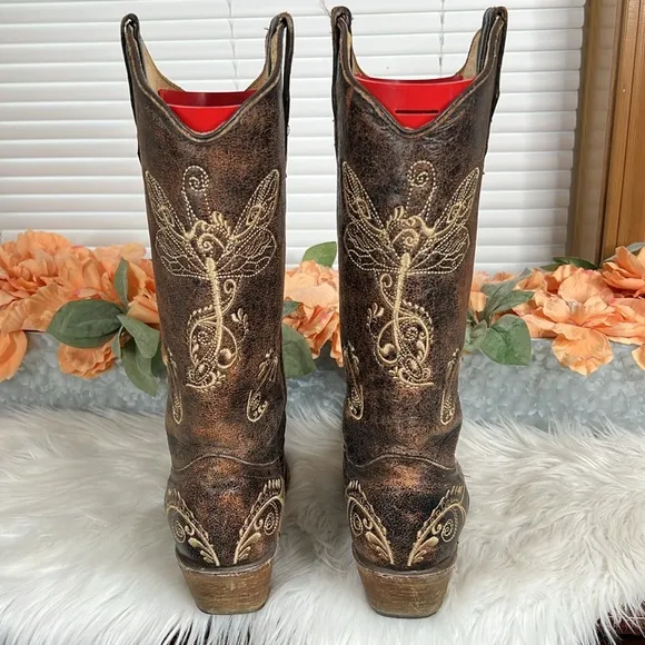 CIRCLE G WOMEN'S DISTRESSED BONE DRAGONFLY EMBROIDERED BOOTS - SNIP TOE Size 10