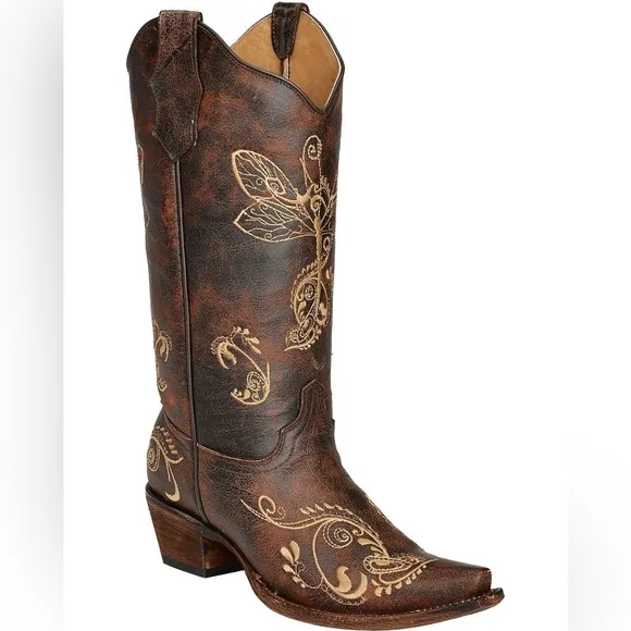CIRCLE G WOMEN'S DISTRESSED BONE DRAGONFLY EMBROIDERED BOOTS - SNIP TOE Size 10