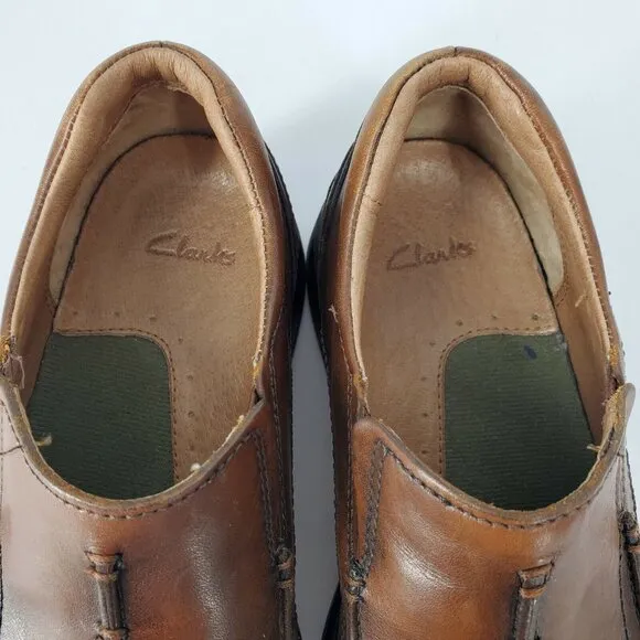 Clarks 78341 &quot;Code&quot; Brown Leather Slip On Moc Square Toe Loafers Men's Size 7M