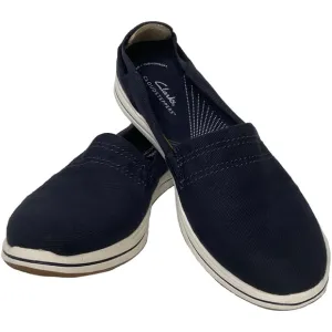 Clarks Cloudsteppers Breeze Slip-On Dark Navy Canvas White Sole Sneakers Sz 8.5.