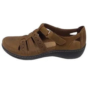 Clarks Cora River Leather Cut Out Wedge Comfort Sandals Brown 7 Womens