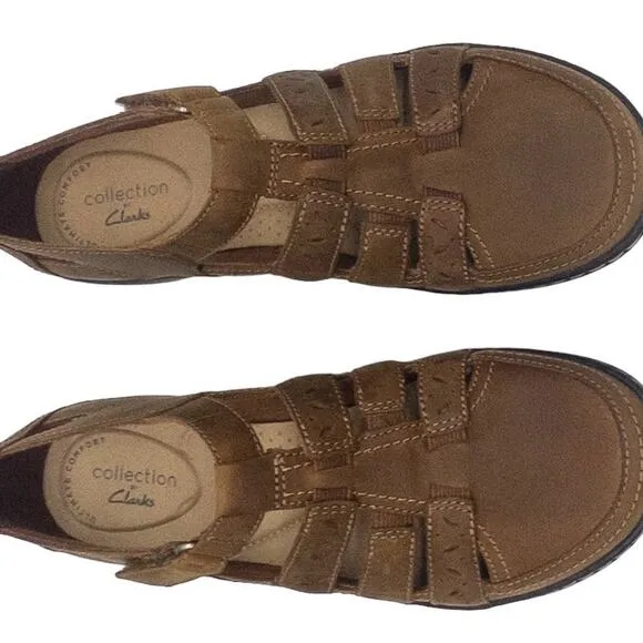 Clarks Cora River Leather Cut Out Wedge Comfort Sandals Brown 7 Womens