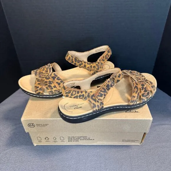 Clarks Laurieann Sela Leopard Print Suede Sandals Size 9 Wide New in Box