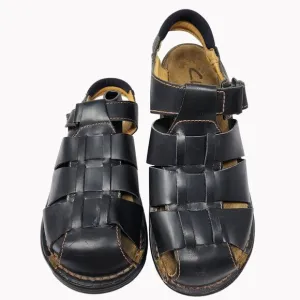 Clarks Mens Black Leather Weave Strap Sandals Size 12M Made In Italy