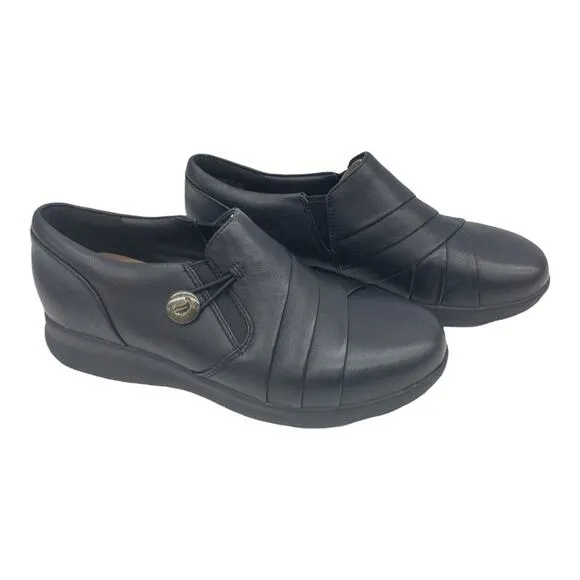 Clarks Un Loop Black Round Toe Loafers Un Adorn Loop Button Leather Slip On 6W