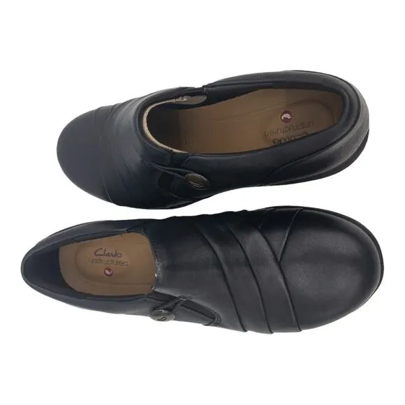 Clarks Un Loop Black Round Toe Loafers Un Adorn Loop Button Leather Slip On 6W