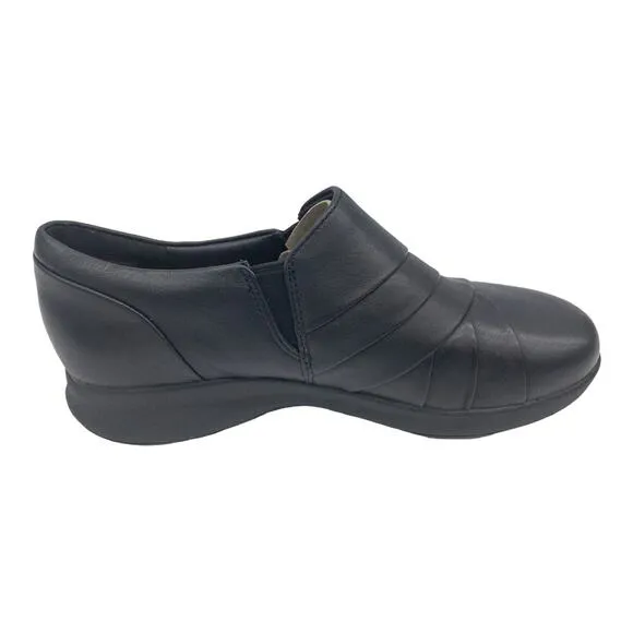 Clarks Un Loop Black Round Toe Loafers Un Adorn Loop Button Leather Slip On 6W