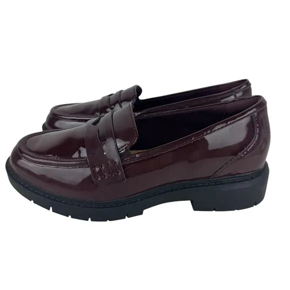 CLARKS WESTLYNN AYLA ROUND TOE PENNY LOAFERS IN BURGUNDY PATENT NWOB SIZE 6.5W