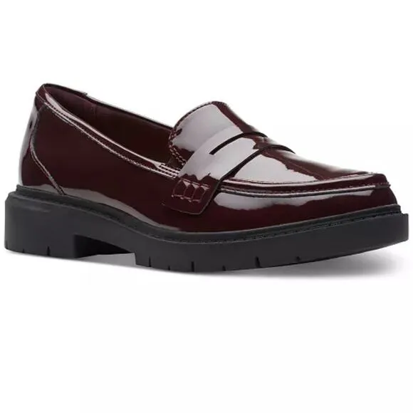 CLARKS WESTLYNN AYLA ROUND TOE PENNY LOAFERS IN BURGUNDY PATENT NWOB SIZE 6.5W