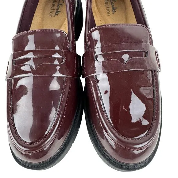 CLARKS WESTLYNN AYLA ROUND TOE PENNY LOAFERS IN BURGUNDY PATENT NWOB SIZE 6.5W
