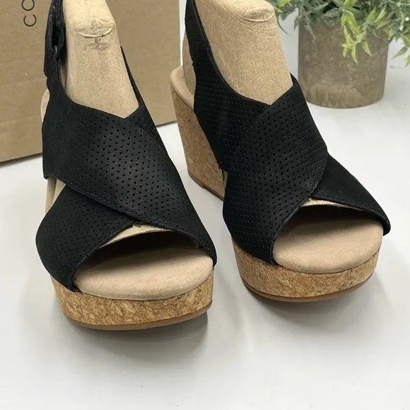 Clarks Women's Annadel Parker Black Suede Cork Wedge Platform Sandal 7.5M New